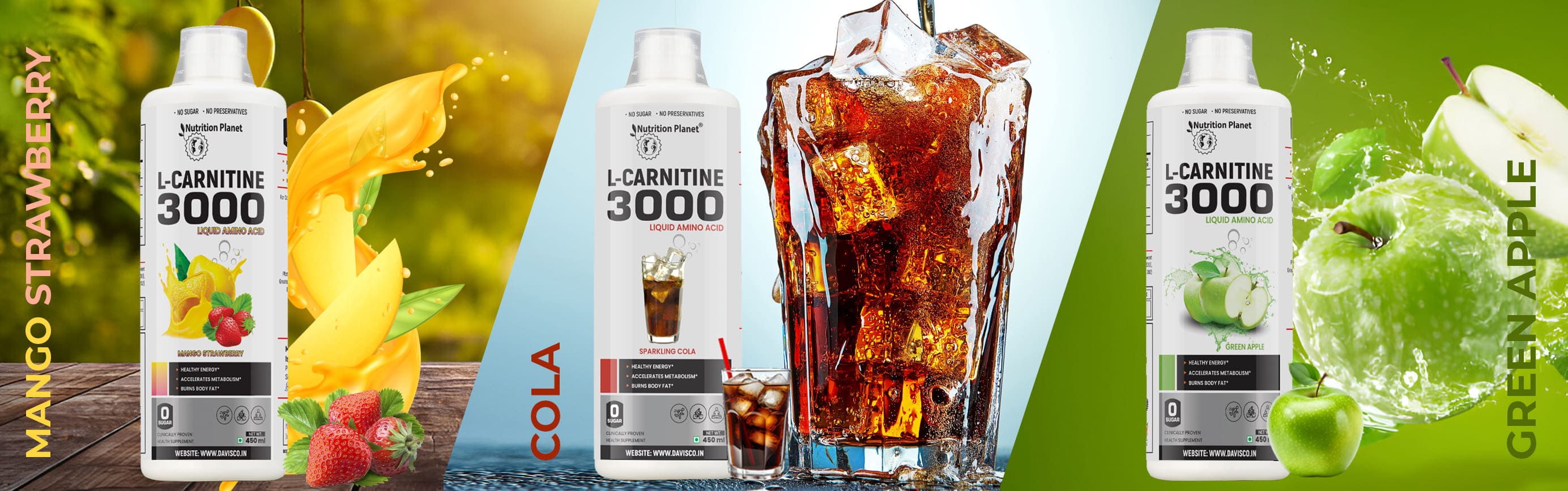 Nutrition Planet Liquid L-Carnitine Cola, Green Apple, Mango Strawberry